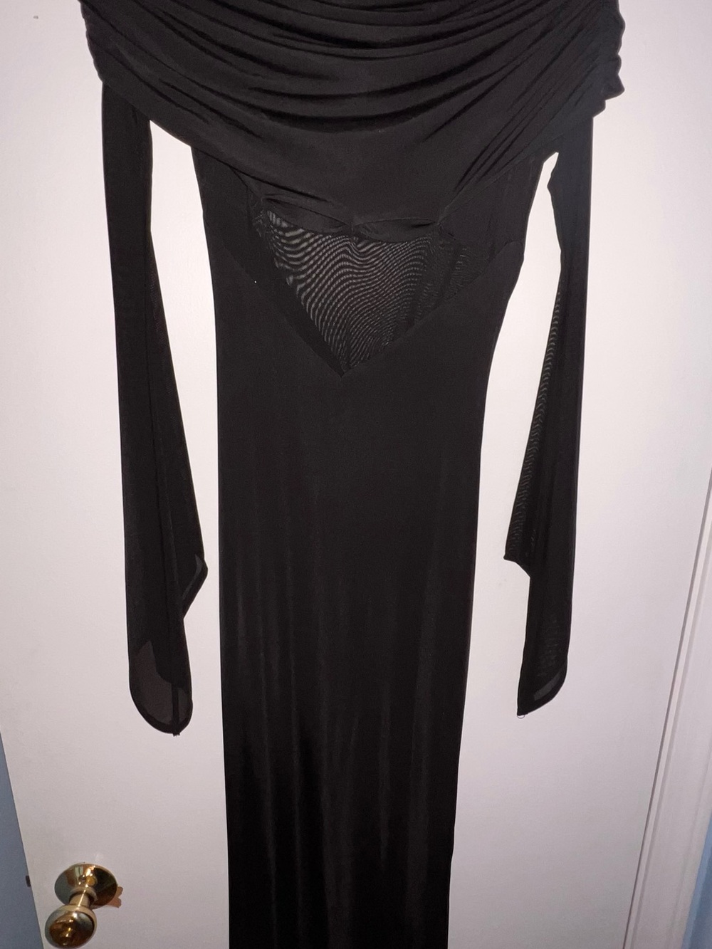 Gorgeous Meshki black with sheer detail , ruche and gather in back long dress XS
